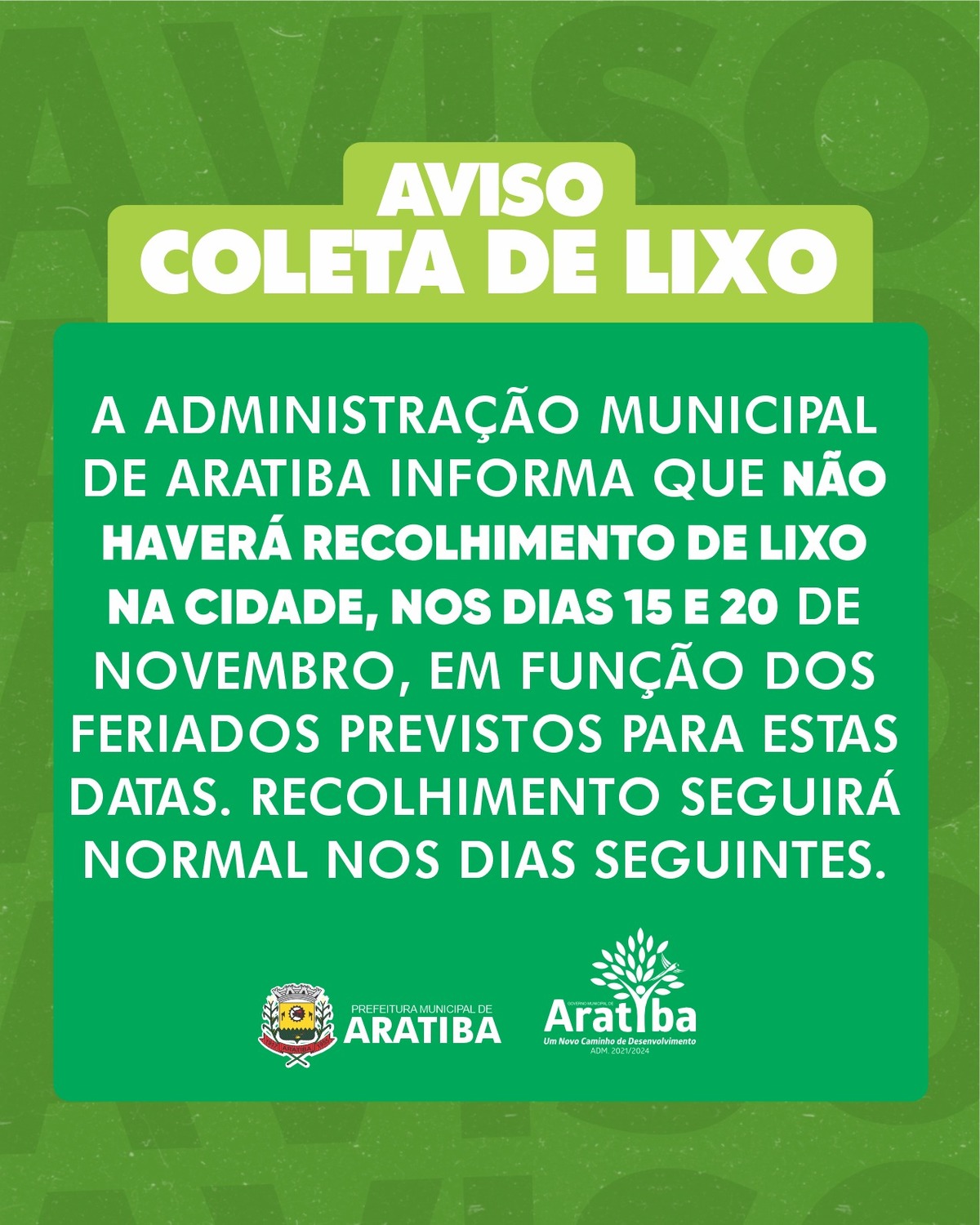 Comunicado recolhimento de lixo na cidade