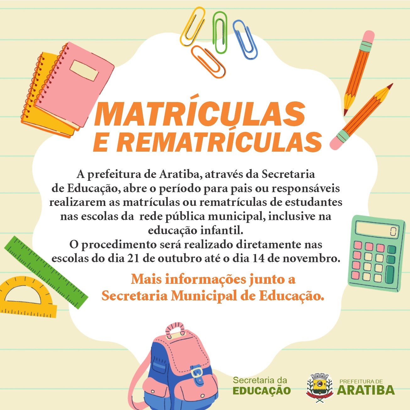 Aratiba abre período para matrículas e rematrículas nas escolas municipais